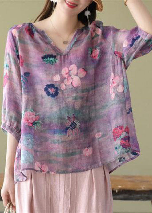 Purple Retro Print Fall Half Sleeve Shirt Top