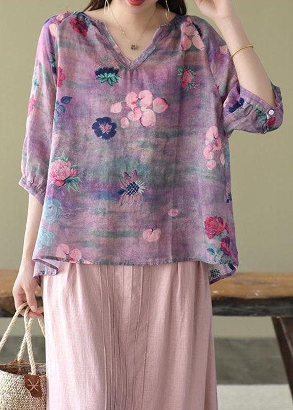 Purple Retro Print Fall Half Sleeve Shirt Top