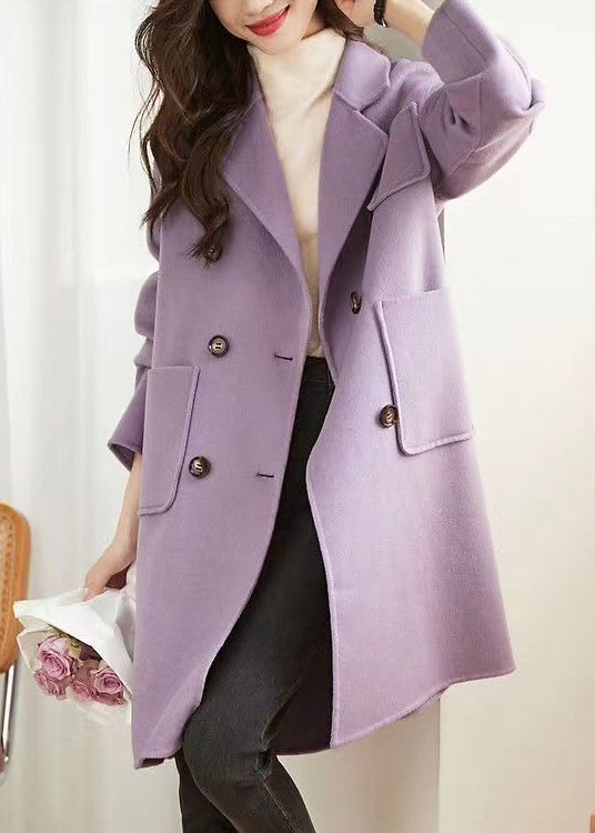 Purple Double Breast Pockets Patchwork Woolen Coats Fall