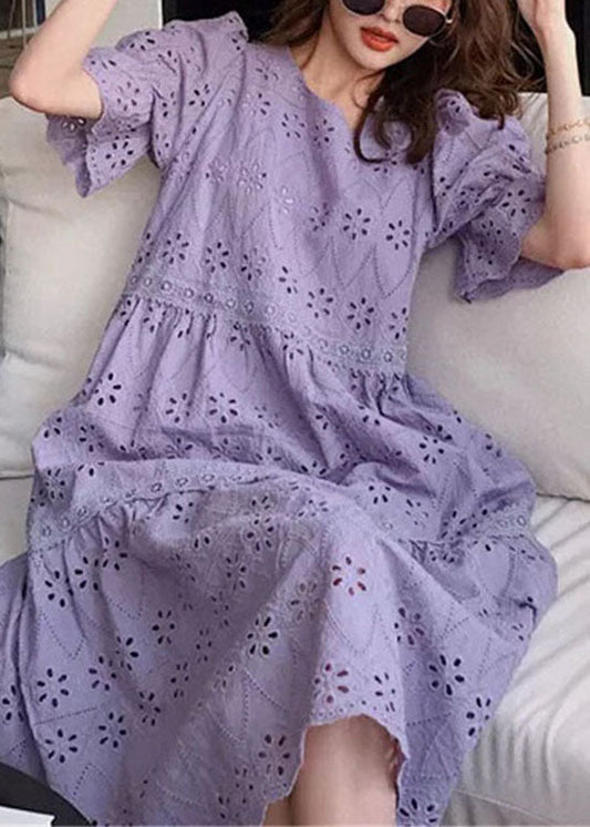 Purple Embroideried Hollow Out Patchwork Cotton Dress Puff Sleeve