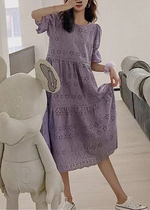 Purple Embroideried Hollow Out Patchwork Cotton Dress Puff Sleeve