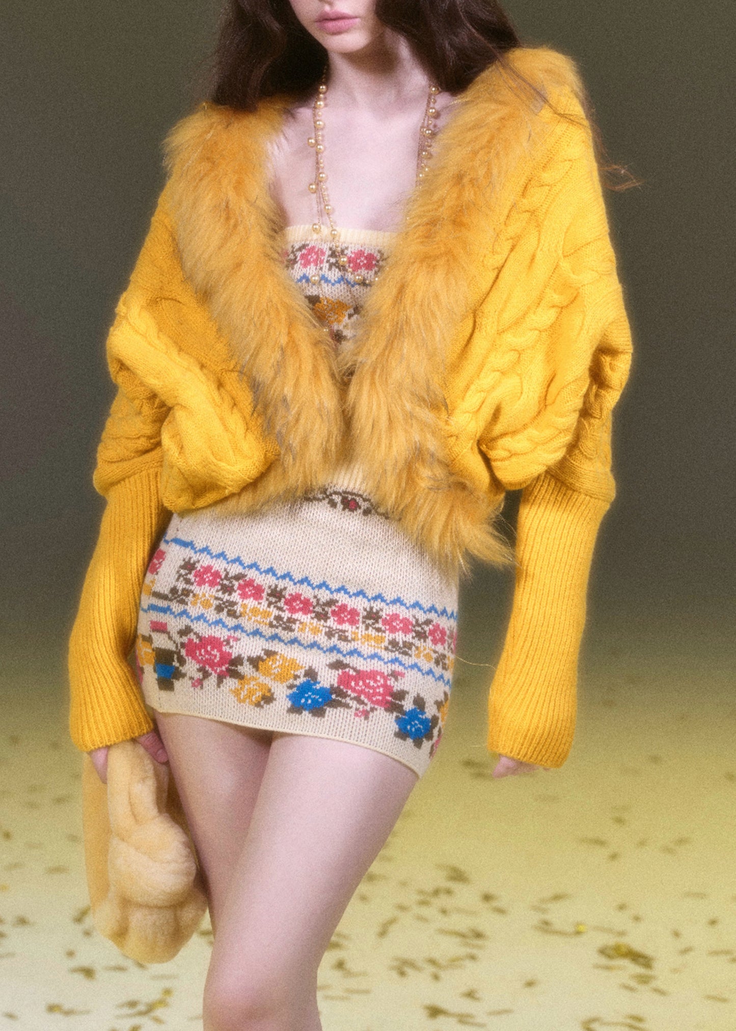 Purple Fur Collar Patchwork Cotton Knit Cardigans Lantern Sleeve