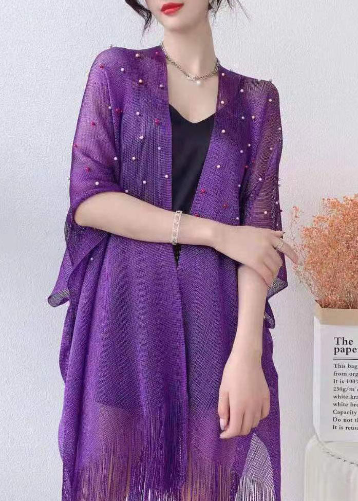 Purple Nail Bead Tassel Patchwork Tulle Cape Fall