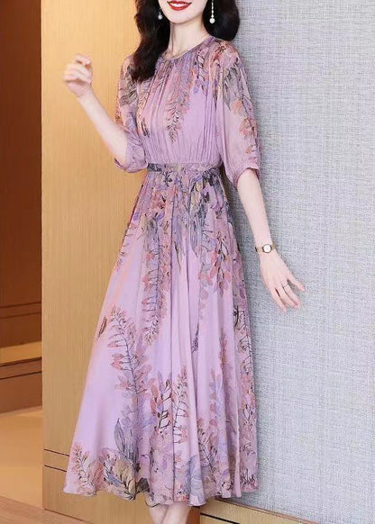 Purple O-neck Print Chiffon Maxi Dresses Summer