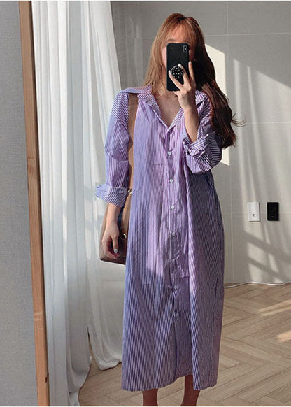 Purple Peter Pan Collar Striped Cotton Shirt Dresses Spring