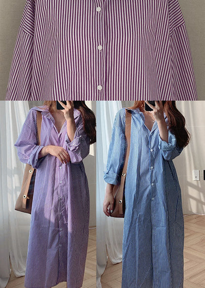 Purple Peter Pan Collar Striped Cotton Shirt Dresses Spring