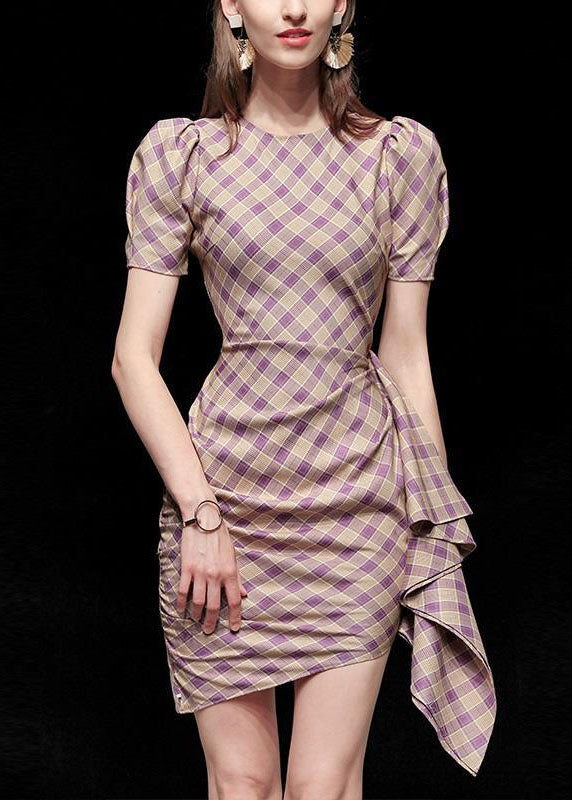 Purple Plaid O Neck Cotton Slim Fit Dress Summer