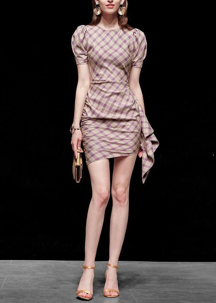 Purple Plaid O Neck Cotton Slim Fit Dress Summer
