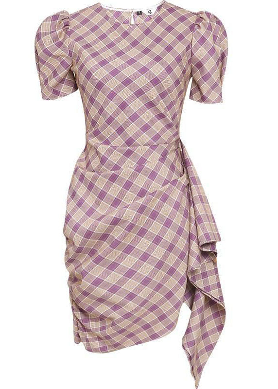 Purple Plaid O Neck Cotton Slim Fit Dress Summer