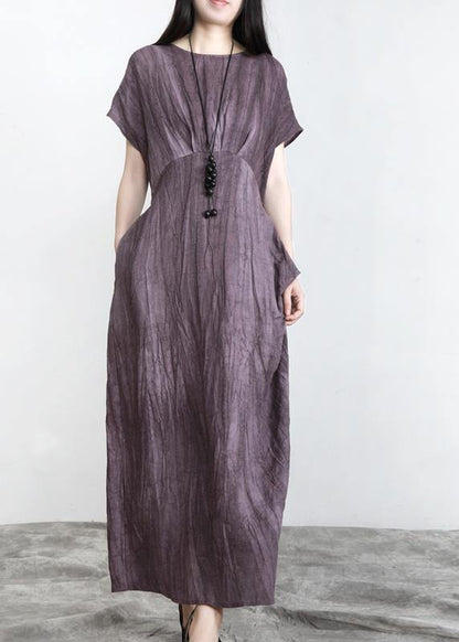 Purple Pockets Linen Batwing Sleeve Summer Robe Dresses
