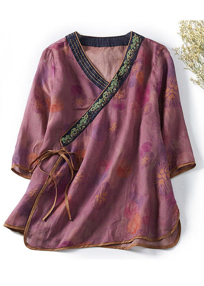 Purple Print Side Open Cotton Top Bracelet Sleeve