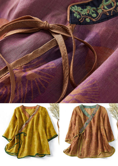 Purple Print Side Open Cotton Top Bracelet Sleeve
