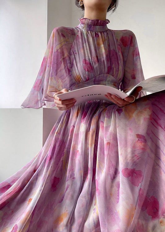 Purple Ruffled Print Cinched Chiffon Vacation Dress Summer