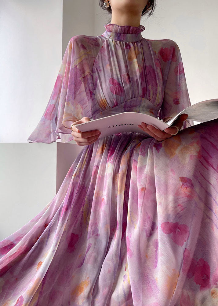 Purple Ruffled Print Cinched Chiffon Vacation Dress Summer