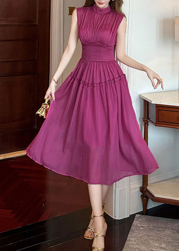 Purple Stand Collar High Waist Chiffon Holiday Maxi Dress Sleeveless