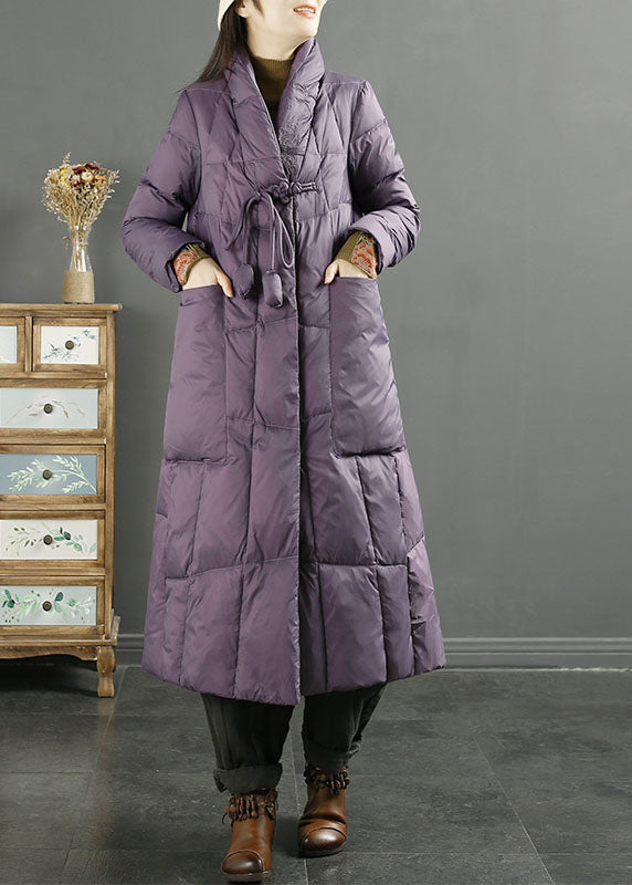 Purple Stand Collarembroidered Tassel Pockets Duck Down Down Coat Long Sleeve