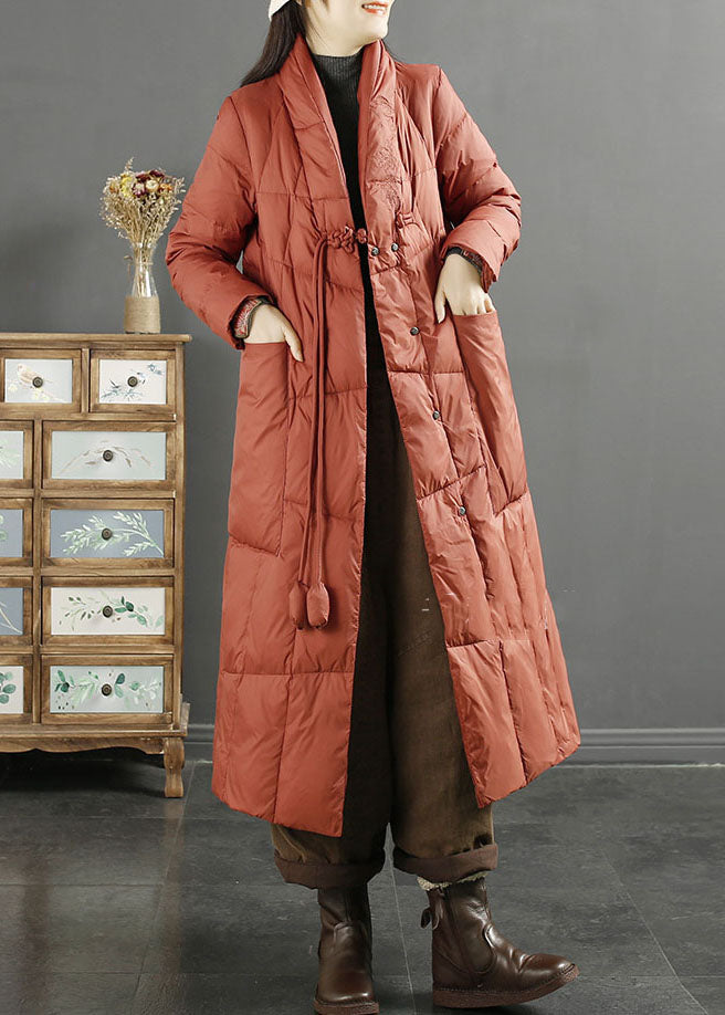 Purple Stand Collarembroidered Tassel Pockets Duck Down Down Coat Long Sleeve