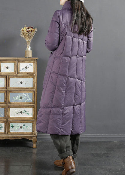 Purple Stand Collarembroidered Tassel Pockets Duck Down Down Coat Long Sleeve