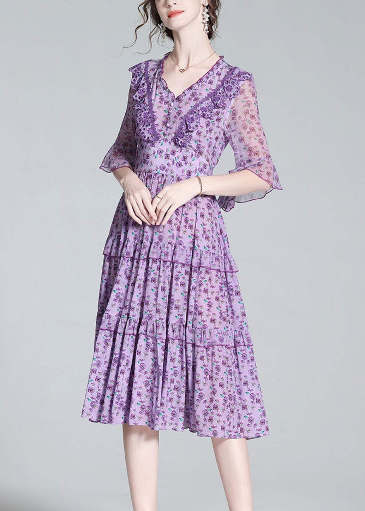 Purple V Neck Print Wrinkled Button Silk Long Dress Half Sleeve