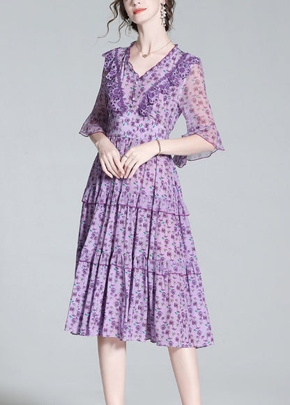 Purple V Neck Print Wrinkled Button Silk Long Dress Half Sleeve