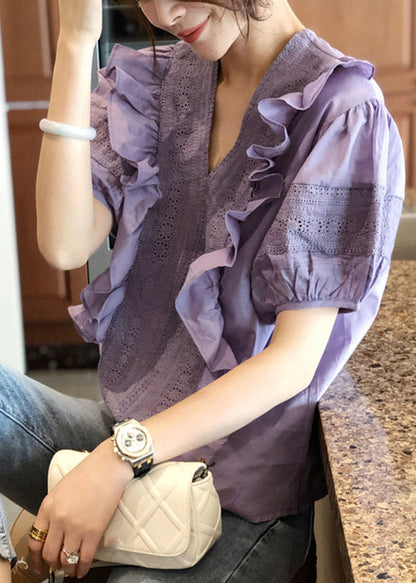 Purple V Neck Ruffled Patchwork Cotton Tops Lantern Sleeve