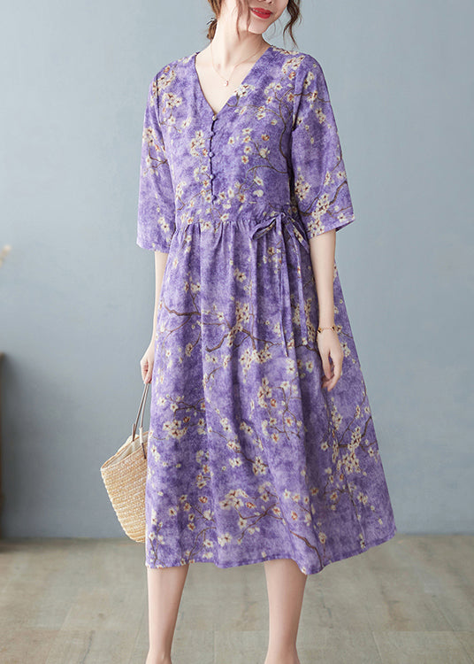 Purple V Neck Drawstring Print Long Dresses Half Sleeve