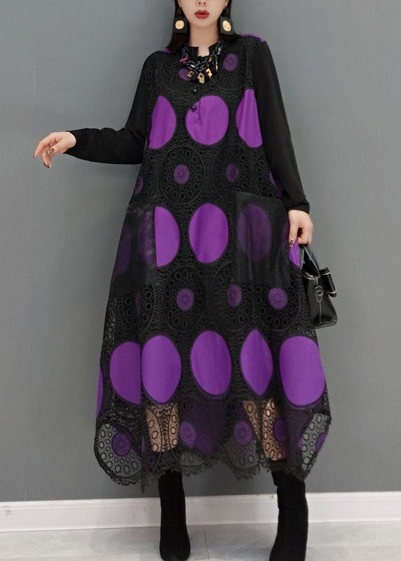 Purple Pockets Dot Print Patchwork Lace Maxi Dress Spring