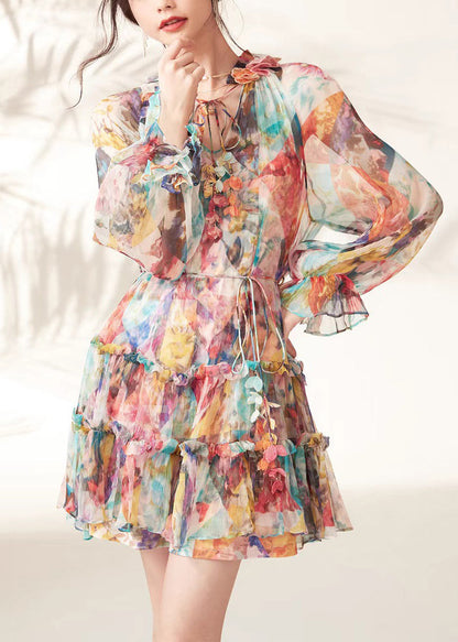 Rainbow Print Ruffled Lace Tie Mid Dresses Spring
