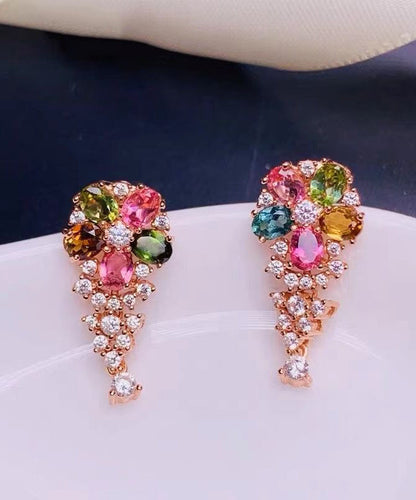 Rainbow Sterling Silver Overgild Zircon Crystal Stud Earrings