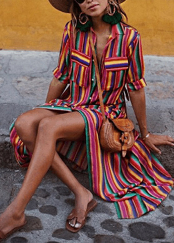 Rainbow Striped Button Tie Waist Maxi Shirts Dresses Summer