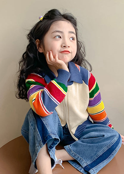 Rainbow Striped Peter Pan Collar Cotton Knit Kids Cardigan Spring