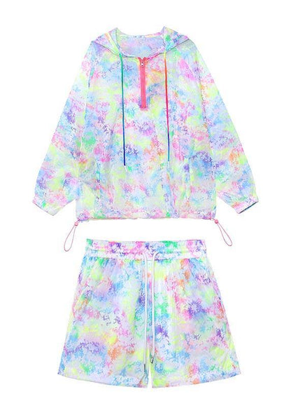 Fashion Rainbow Tie Dye UPF 50+ Coat Jacket Two Pieces Set Summer