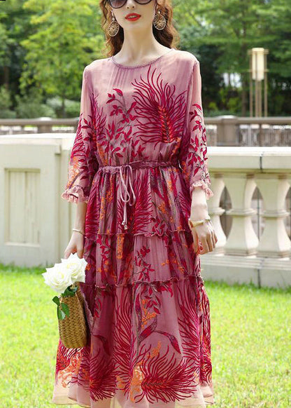 Red Embroideried Cinched Silk Dresses Bracelet Sleeve