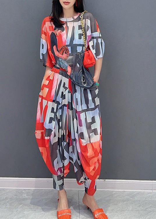 Red Graphic Print Chiffon Top and Lantern Pants Two Piece Set Short Sleeve