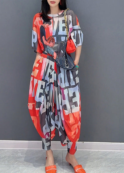 Red Graphic Print Chiffon Top and Lantern Pants Two Piece Set Short Sleeve