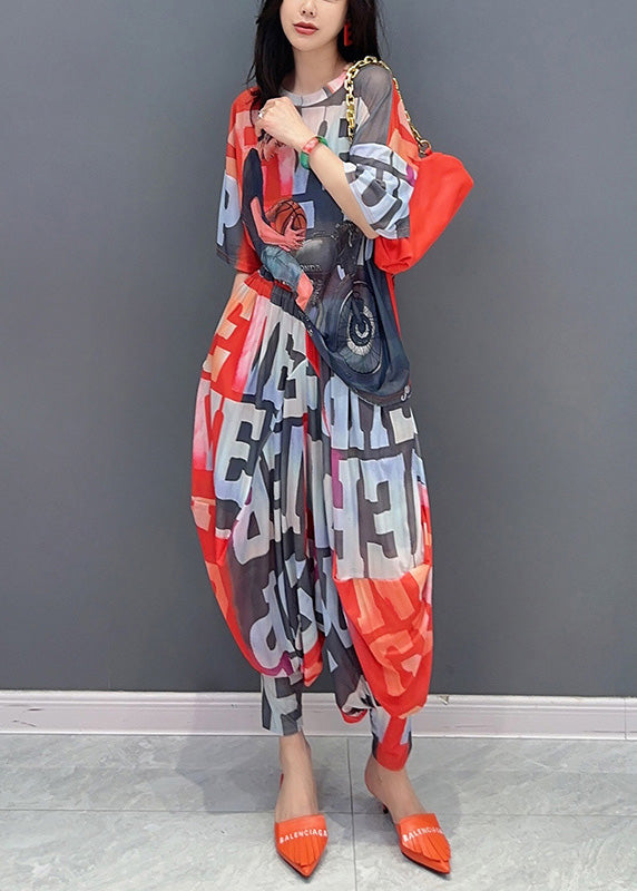 Red Graphic Print Chiffon Top and Lantern Pants Two Piece Set Short Sleeve