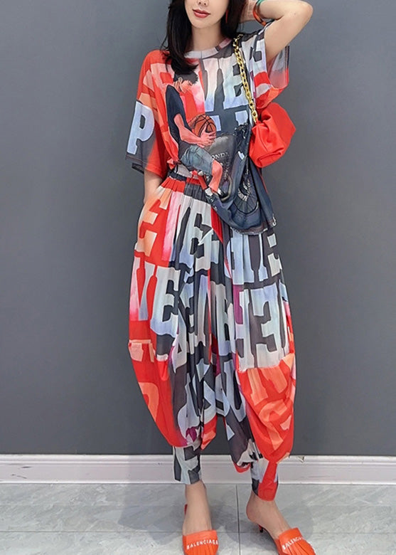 Red Graphic Print Chiffon Top and Lantern Pants Two Piece Set Short Sleeve