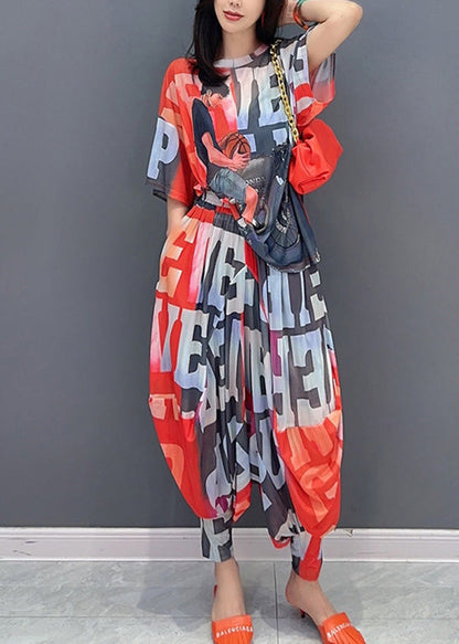 Red Graphic Print Chiffon Top and Lantern Pants Two Piece Set Short Sleeve