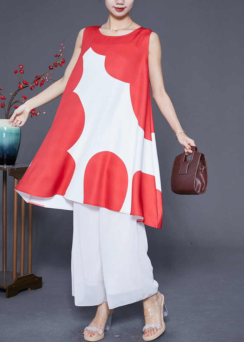Red O-neck Print Satin a Line Dress Summer