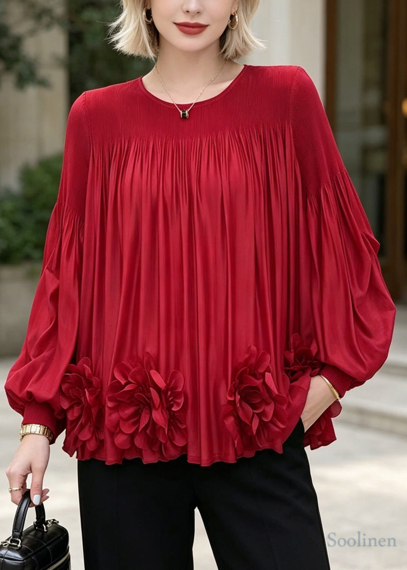 Red Oversized Chiffon Shirt Top Lantern Sleeve