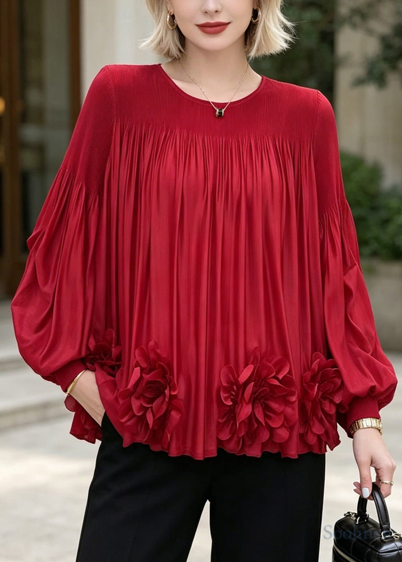 Red Oversized Chiffon Shirt Top Lantern Sleeve