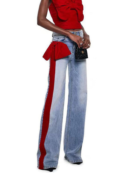 Red Pockets Bow Patchwork Denim Pants Spring