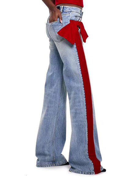 Red Pockets Bow Patchwork Denim Pants Spring