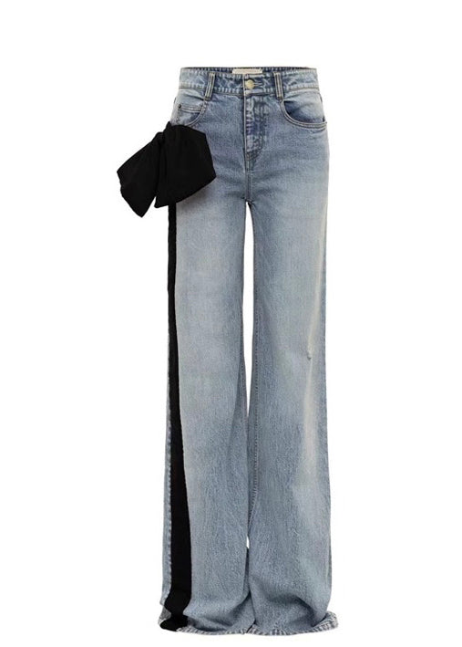 Red Pockets Bow Patchwork Denim Pants Spring