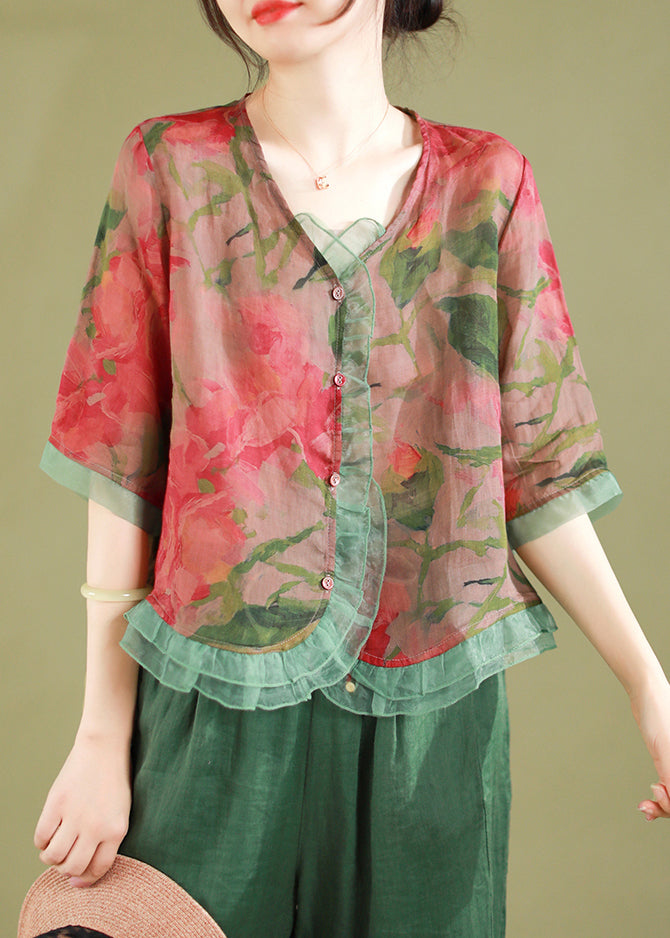 Pink Polka Dots Ruffled Button Patchwork Linen Blouse Top Summer