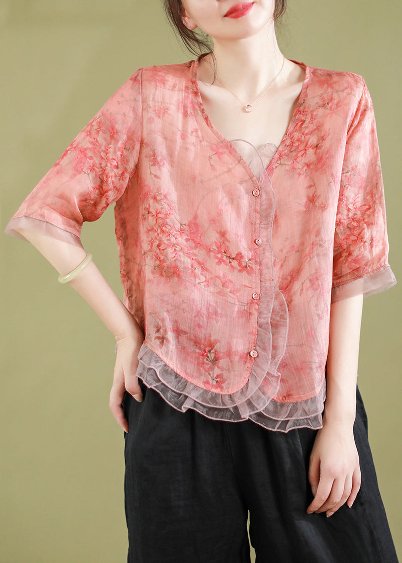Burgundy Geometry Ruffled Button Patchwork Linen Blouse Top Summer