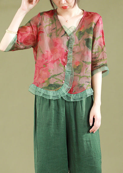 Gray-geometry Ruffled Button Patchwork Linen Blouse Top Summer