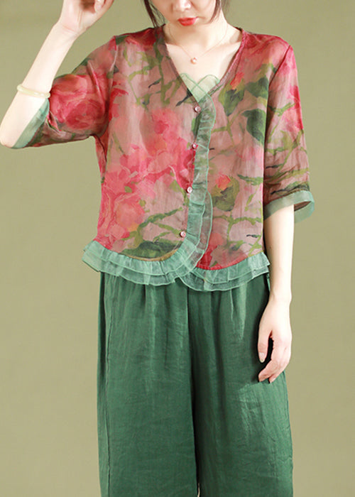 Gray-geometry Ruffled Button Patchwork Linen Blouse Top Summer