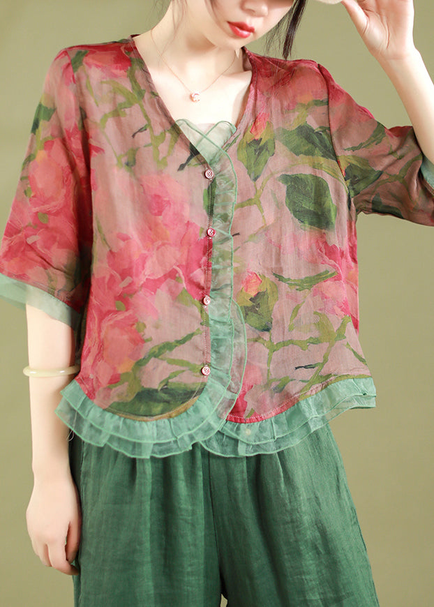 Red Ruffled Button Patchwork Linen Blouse Top Summer