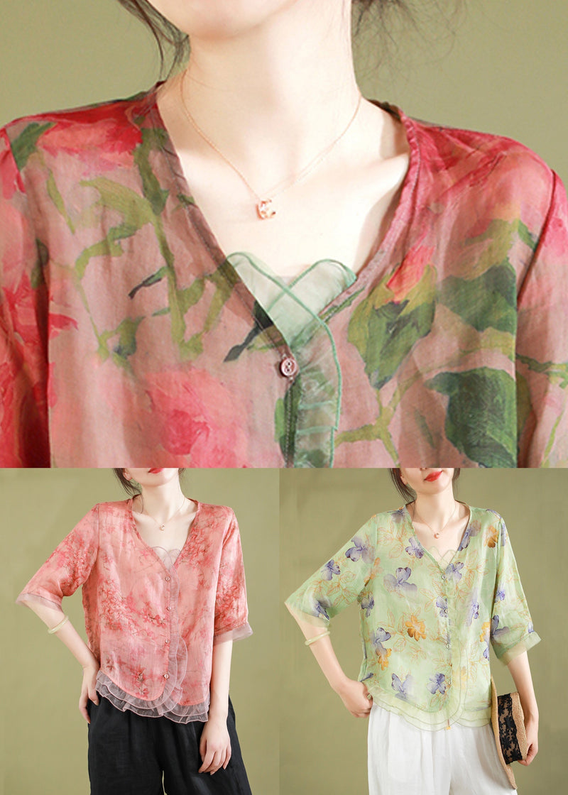 Gray- Ruffled Button Patchwork Linen Blouse Top Summer